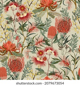 Australische Blumen nahtlose Vektormuster. Oberflächendesign für Stoff, Tapete, Verpackungspapier, Scrapbooking, Einladungskarte. Lebhafte Rot-, Grün-, Beige-, neutrale Creme-Farben.