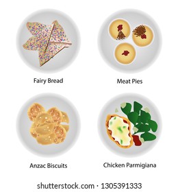 Australian Food Top View, Cartoon of Popular Best Australia Cuisine, Fairy Bread, Meat Pies, Anzac Biscuit, Chicken Parmigiana, Isolated object white background