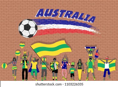 Australian football fans cheering with Australia flag colors in front of soccer ball graffiti. All the objects are in different layers and the text types do not need any font. 