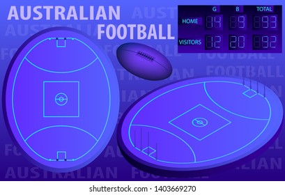 Australian football isometric playground, ball, and scoreboard. Australian football playground top view. Isolated. In vector