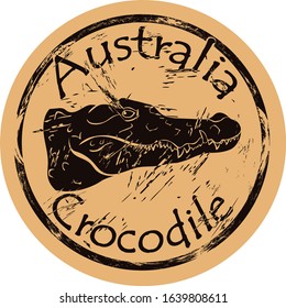 Australian freshwater crocodile silhouette icon round shabby emblem design old retro style. Crocodile head logo mail stamp on craft paper vintage grunge sign. Dangerous Australian predator