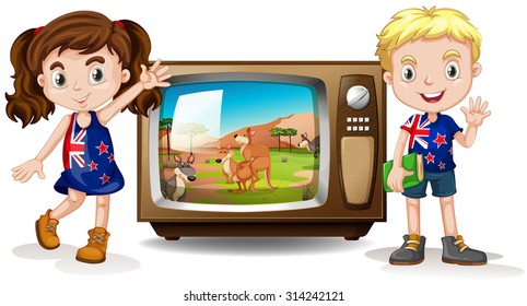 Australian girl and boy waving illustration