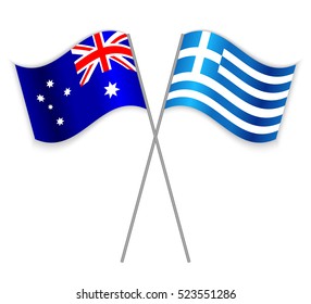 Australian and Greek crossed flags. Australia combined with Greece isolated on white. Language learning, international business or travel concept.