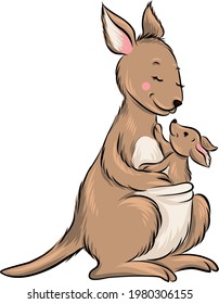 Australian happy animals. Sweet kangaroo with baby cartoon vector.