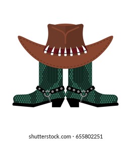 Australian hat and crocodile skin boots. Cowboy cap and python leather shoes. Western clothes and rodeo shoe