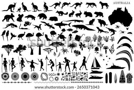 Australian icons, elements, patterns, people and animal silhouettes. Vector illustration