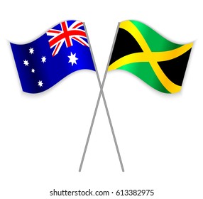 Australian and Jamaican crossed flags. Australia combined with Jamaica isolated on white. Language learning, international business or travel concept.