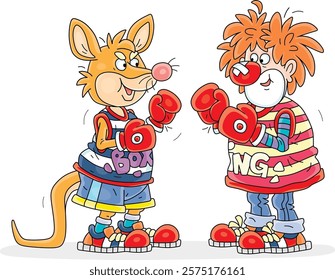 Australian kangaroo boxer and a tousled red clown with boxing gloves preparing for a funny fight in a comical circus performance, vector cartoon illustration on a white background