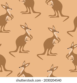 Australian kangaroo with cute baby. Marsupials animals hand drawn vector illustration. Adorable characters mom and child. Wallaby seamless pattern.