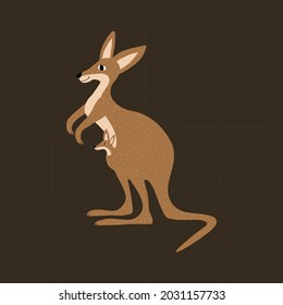 Australian kangaroo with cute baby.  Marsupials animals hand drawn vector illustration. Wildlife mom and child. Adorable wallaby character in flat style on a brown background.