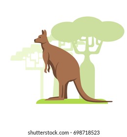 Australian kangaroo, flat image on white background, silhouettes of trees