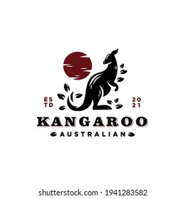 Logo del canguro australiano. Ilustración vectorial sobre fondo blanco. Combinación de diseño vintage con canguro, hojas y sol.