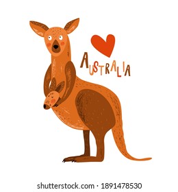 Madre y bebé canguro australiana. Animales australianos para niños. Ilustración del bebé. Fondo vector colorido dibujado a mano. Canguro gracioso con bebé. 