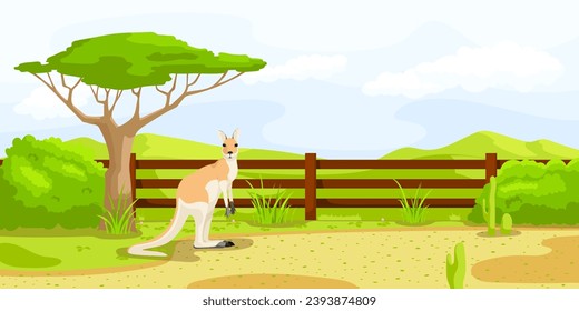 Canguro australiano cerca de la cerca en el zoológico. Vacaciones de Safari. Vida silvestre natural. Animal con un saco, caricatura. Carácter lindo. Paisaje pintoresco. Sabana salvaje. Ilustración del vector