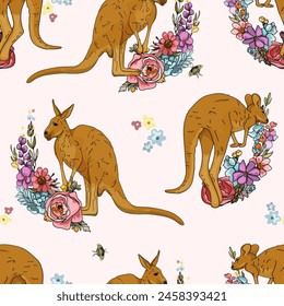 Australian kangaroo pattern. Flowers Bright animal retro pattern. For printing on prints, t-shirts, logos, sportswear, packaging paper