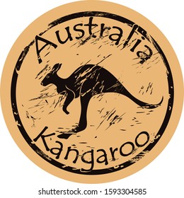 Australian kangaroo silhouette icon vector round shabby emblem design, old retro style. Kangaroo in full growth logo mail stamp on craft paper. Jumping animal shape vintage grunge sign.
