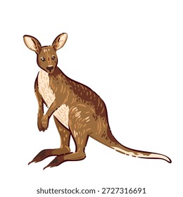 Canguro australiano de pie con cola larga, patas traseras fuertes, textura de piel marrón, forma de animal de la vida silvestre. Diseño de personaje canguro con contornos audaces, Ilustración vectorial de dibujos animados.