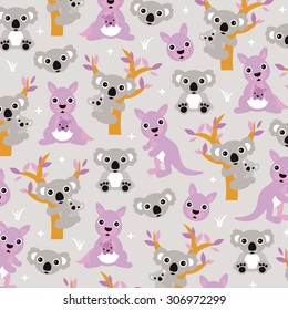 Australian kangaroos and koala bear mom and baby cute nursery design illustration background pattern in vector