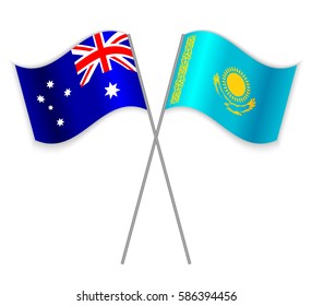 Australian and Kazakh crossed flags. Australia combined with Kazakhstan isolated on white. Language learning, international business or travel concept.