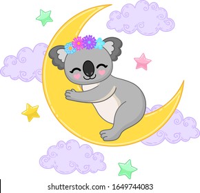 Australian koala bear in flower wreath are sleeping on the moon. Vector illustration isolated on transparent