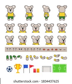 Australian koala football player creation set, various soccer design elements. Vector illustration bundle