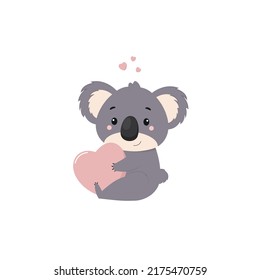 La koala australiana sostiene un corazón rosado. El personaje de caricatura kala sobre un fondo blanco. Ilustración de niños vectores