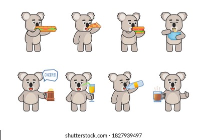 Australian koala mascot eat and drink set. Cute koala eat noodles, fast food, hamburger, pizza, sandwich, drink water, tea, juice and showing other actions. Vector illustration bundle