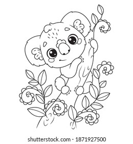 Australian koala on tree coloring page. Black and white outline illustration