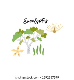 Australian Landmark Eucalyptus Treee vector illustration. Vector isolated clipart. Kids design poster. Drawing in scandinavian style. 
Handwritten lettering.
