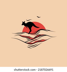 Australian Landscape, Black Silhouette Of A Kangaroo Against The Background Of The Sun In The Desert. Vector Illustration