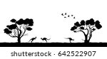 Australian landscape. Black silhouette of trees and kangaroo on white background. The nature of Australia. Isolated vector graphic