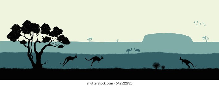 Australian landscape. Black silhouette of trees, kangaroo and ostrich on white background. The nature of Australia. Isolated vector graphic