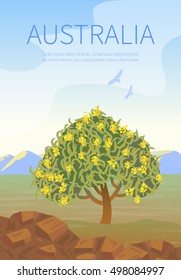 Australian landscape  poster with Golden Wattle.  Every  element is located on a separate layer. Images is cropped with Clipping Mask. Easy to edit