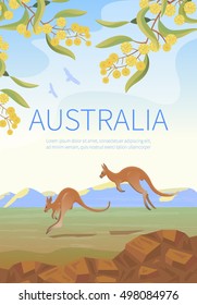 Australian landscape  poster with two Kangaroos.  Every  element is located on a separate layer. Images is cropped with Clipping Mask. Easy to edit