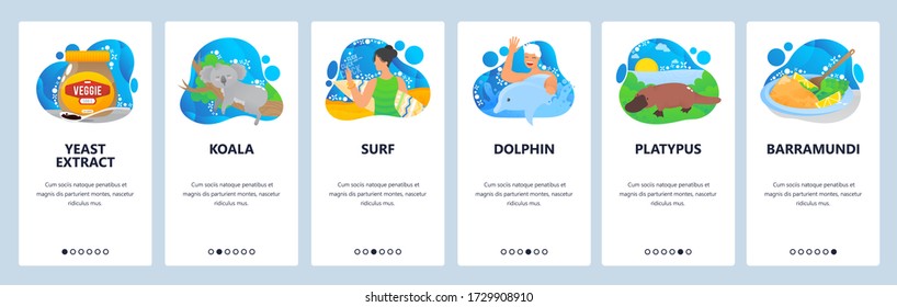 Australische Life-Website und mobile App auf Internatsbildschirmen. Menu-Banner-Vektorvorlage für die Website und Anwendungsentwicklung. Koala platypus Tiere, Surfen, Barramundi Fisch australische einheimische Lebensmittel