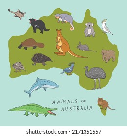 Mapa australiano con ilustraciones vectoriales de animales