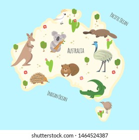 Australian  map with animals - vector set. Kangaroo, koala, kiwis, apteryx, echidna, wombat, emu, cockatoo, platypus, alligator