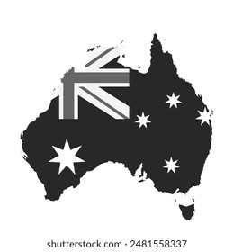 Australian map flag vector silhouette illustration isolated on white background. Australia flag over map. Continent symbol. Patriotic sign. National symbol. Australia emblem banner.