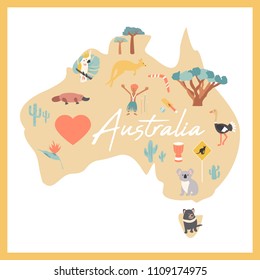  Australian map with landmarks and wildlife. Travel greeting card with kangaroo, platypus, koala, ostrich, aboroginal, parrot, tasmanian devil.