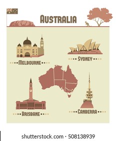 Australian map. The most famous city in Australia. Melbourne, Brisbane, Canberra, Sydney. Vector illustration.