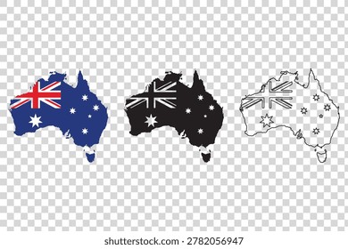 Australian map outlines in different styles with national flag elements