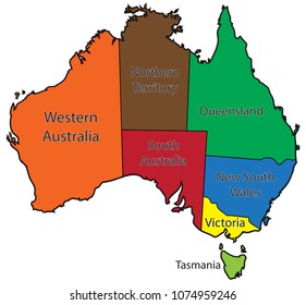 An Australian map outlining the territories in colour isolated on a white background