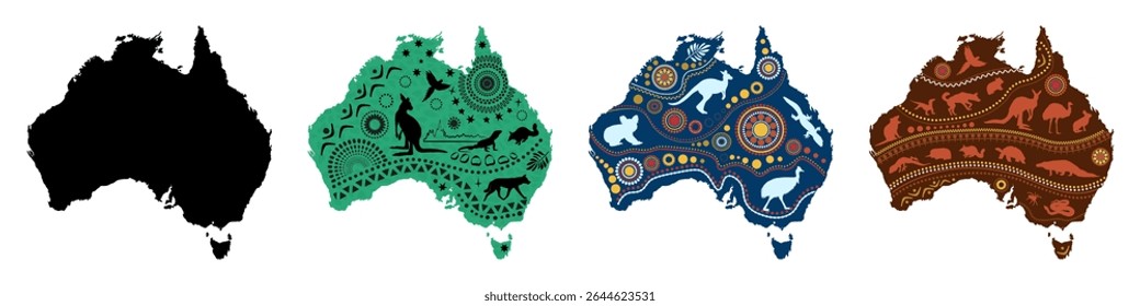 Australian map set with patterns and animals silhouettes on colorful background. Vector illustration
