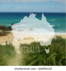 Australian map silhouette on blurred background of a sea coast. Travel concept. Vector illustration for your design.