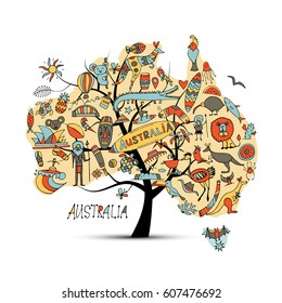 Australian map tree with icons set, sketch