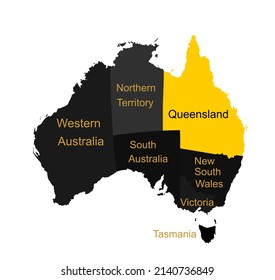 Australian map vector silhouette illustration isolated on white background. Separated countries over Australia map. Continent symbol. Queensland map. New South Wales. Victoria. Tasmania. 