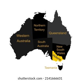 Australian map vector silhouette illustration isolated on white background. Separated countries over Australia map. Continent symbol. Queensland map. New South Wales. Victoria map. Tasmania. 