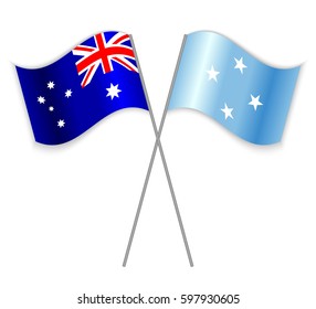 Australian and Micronesian crossed flags. Australia combined with Micronesia isolated on white. Language learning, international business or travel concept.