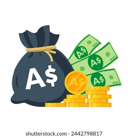 Australian Money Vector illustration. Australian dollar bag, banknotes and coins. Each object isolated.