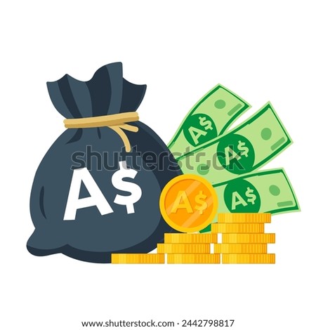 Australian Money Vector illustration. Australian dollar bag, banknotes and coins. Each object isolated.
